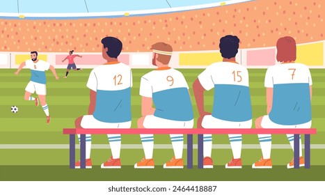 Soccer reserve team. Substitute football team players sit on bench of stadium or school sport court, sitting footballer back rear view, junior training classy vector illustration of replacement bench