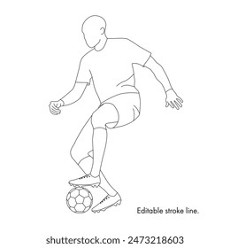 Soccer running player with ball. Vector stock one line hand drawing illustration isolated on white background for design template football championship, game. Editable stroke. EPS10