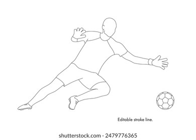 Soccer running player with ball. Vector stock one line hand drawing illustration isolated on white background for design template football championship, game. Editable stroke. EPS10