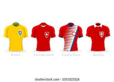 Soccer russia world cup 2018 a group E of players with team shirts flags and ball. referee football vector illustration.