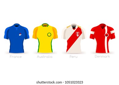 Soccer russia world cup a group C of players with team shirts flags and ball. referee football vector illustration.