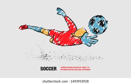 Soccer save from the goalkeeper. Vector outline of soccer player with scribble doodles.