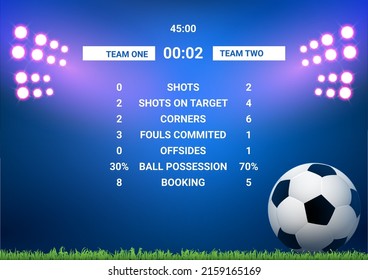 Soccer score board card stats template. Soccer scoreboard match screen stadium versus sport team infographic.