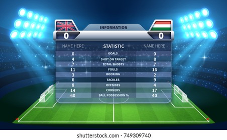 Soccer scoreboard and football stadium vector mockup. Soccer stadium and scoreboard with information game illustration