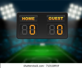 Soccer Scoreboard Of Home And Guest Team On Blurry Football Stadium Background. Concept Fro Soccer Match Result Report In Vector Illustrative.