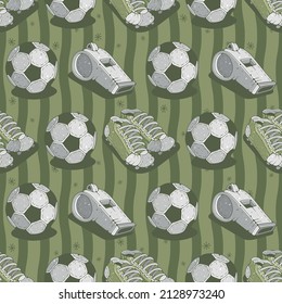 Fußball, nahtloser Hintergrund. Cute Vektorgrafik. Bälle, Pfeifen, Sportschuhe Nahtlose Muster