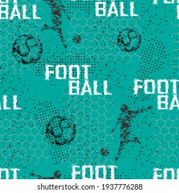 Soccer seamless grunge pattern for
boys. Football players, text, ball and spray
