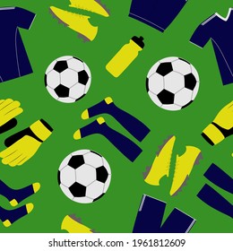 Soccer seamless pattern. Football eqiupment on green background