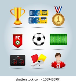 Soccer set of 3d icons with field, ball, trophy, flag banner, medal, scoreboard, whistle, ticket, fottball player isolated vector illustration