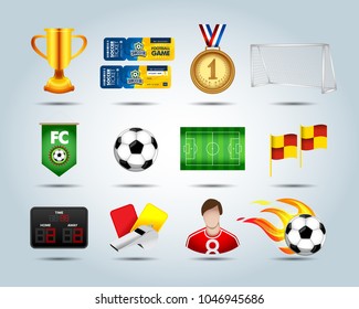 Soccer set of 3d icons with field, soccer ball, soccer ball in fire, trophy, corner flag, flag banner, medal, scoreboard, whistle, ticket, fottball player, football goal. Isolated vector illustration