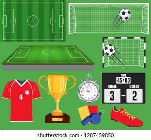 Soccer set, Football equipment collection with field, ball, trophy cup, scoreboard, whistle, stopwatch, red and yellow cards, uniform and boots isolated vector illustration