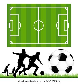 Soccer Set, Football Ground, Football Players, Grass And Ball, Isolated On White Background, Vector Illustration