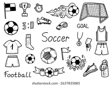 Soccer set. Hand drawn doodle illustration. Equipment for playing ball with feet on grass field. Football championship, match. Gates, uniform, stopwatch. Vector line art collection of elements.