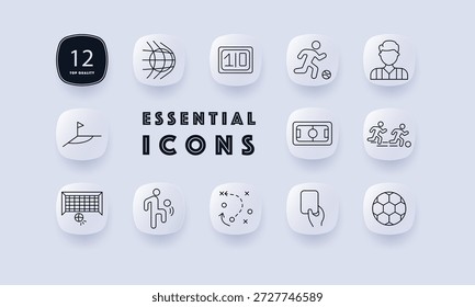 Icono de conjunto de fútbol. Gol, jugador, estadio, tácticas, silbato, tarjeta, entrenador, campo, marcador, aficionados, red, pelota, árbitro, pase, patada en formato de icono cuadrado redondeado.