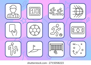 Icono de conjunto de fútbol. Jugador, pelota, gol, campo, tácticas, marcador, árbitro, tarjeta, red, correr, bandera que representa momentos de partidos de fútbol, estrategia de equipo, equipo y diseño de campo.