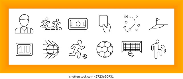 Ícone de jogo de futebol. Árbitro, jogadores, campo, cartão, tática, bandeira de canto, placar, bola, rede e visuais de ação para estratégia de futebol, regulação e jogo competitivo.