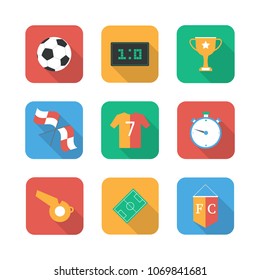 Soccer set  icons with field, ball, trophy, scoreboard, flag, tee-shirt, stopwatch, whistle, vector illustration.Flat Design Football.