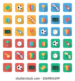 Soccer set  icons with field, ball, trophy, scoreboard, flag, tee-shirt, stopwatch, whistle, vector illustration.Flat Design Football.