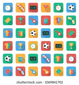 Soccer set  icons with field, ball, trophy, scoreboard, flag, tee-shirt, stopwatch, whistle, vector illustration.Flat Design Football.