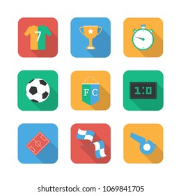 Soccer set  icons with field, ball, trophy, scoreboard, flag, tee-shirt, stopwatch, whistle, vector illustration. Flat Design Football.