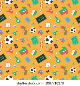 Soccer set icons with field, ball, trophy, scoreboard, flag, tee-shirt, stopwatch, whistle, vector illustration.Flat Design Football.