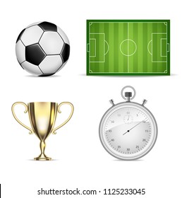 Soccer set icons with field, ball, cup and stopwatch isolated on white background vector illustration