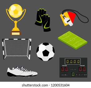 Soccer set of icons with field, ball, trophy, scoreboard, whistle, gloves and boots isolated vector illustration