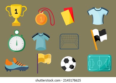 Soccer set of icons with referees objects, goal, trophy, ball, boots. Vector illustration.