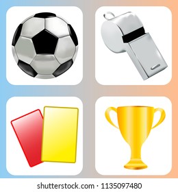 Soccer Set, Realistic Soccer Ball, Whistle, Gold Cup, Yellow and Red Cards, Tournament and Championship, eps 10