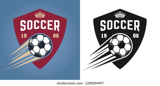 Soccer set of two styles vector emblems, badges, labels or logos with flying ball isolated on colored and white background