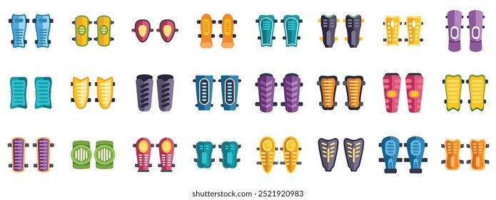 Ícones de caneleiras de futebol definem vetor plano. Ilustração de equipamento de proteção de futebol. Coleção de equipamentos esportivos