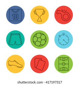 Soccer shirt, shorts and boot. Contour line on color circles. Vector illustrations