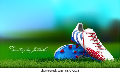 Soccer shoes on a green lawn, 3d.