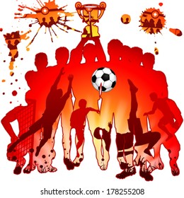 Soccer Silhouettes with Players, Fans and Winning Team, vector illustration