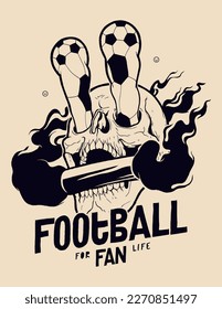 Soccer Skull. Football fan skull with footballs instead of eyes and hooligan fire in teeth. Ultras skull. Football silkscreen t-shirt print vector illustration.