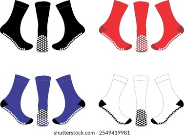 Soccer Socken Tech Pack Vorlage flache Skizze Mode Illustration mock bis cad Zeichnung für Unisex Herren und Frauen Fußball Socken Design. Socken zeichnen. Rote, blaue, schwarz-weiße Fußballsocken.  