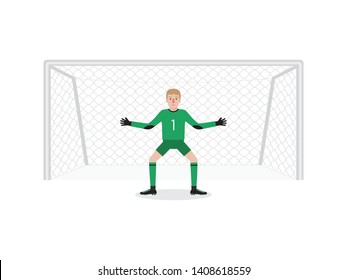 Soccer sport athlete, football goalkeeper defending a penalty shoot. Flat design people characters.