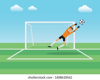 Soccer sport athlete, football goalkeeper defending a penalty shoot. Flat design people characters.