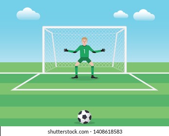 Soccer sport athlete, football goalkeeper defending a penalty shoot. Flat design people characters.