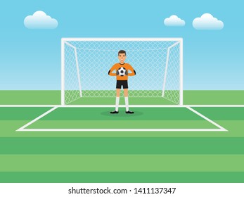 Soccer sport athlete, football goalkeeper defending a penalty shoot. Flat design people characters.