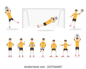 Soccer sport athletes, football goalkeeper playing, kicking, training and practicing football. Flat design people characters.