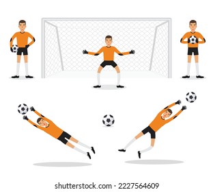 Soccer sport athletes, football goalkeeper playing, kicking, training and practicing football. Flat design people characters.