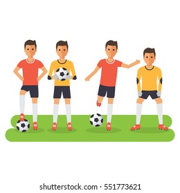 Soccer sport athletes, football goalkeeper playing, kicking, training and practicing football. Flat design characters.