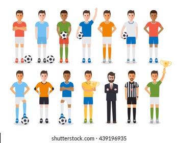 Soccer sport athletes, football players, soccer team manager and football referee. Flat design people characters.