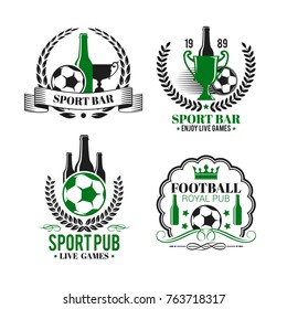 Soccer sport bar or football beer pub icons or badges. Vector isolated beer bottle and soccer ball, victory cup or laurel wreath and crown with stars and ribbon for football championship bar fan club