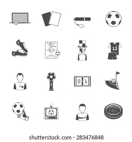 Soccer sport black icons set with referee umpire whistle and goalkeeper glove abstract isolated vector isolated illustration. Editable EPS and Render in JPG format