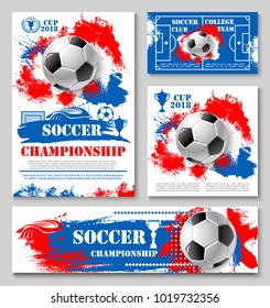 Soccer Sport Championship Cup Poster Template Of College Football Team. Soccer Ball, Winner Trophy And Football Stadium Field, Sports Arena And Gate Banner For Competition Match Announcement Design