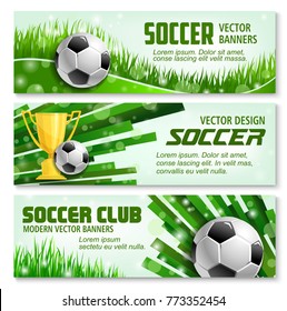 Soccer sport club 3d banner with ball and golden trophy. Football winner cup with soccer ball on green grass of stadium field for football championship match or soccer league tournament design