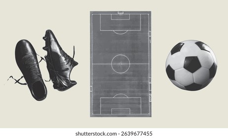 Soccer sport collage in vintage black and white color isolated on grey background. Set of objects including soccer ball, field and shoes.
