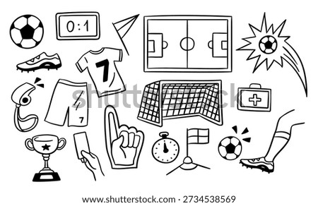 Soccer Sport Elements Symbols Black Thin Line Set Hand Drawn Doodle Style. Vector illustration of Football